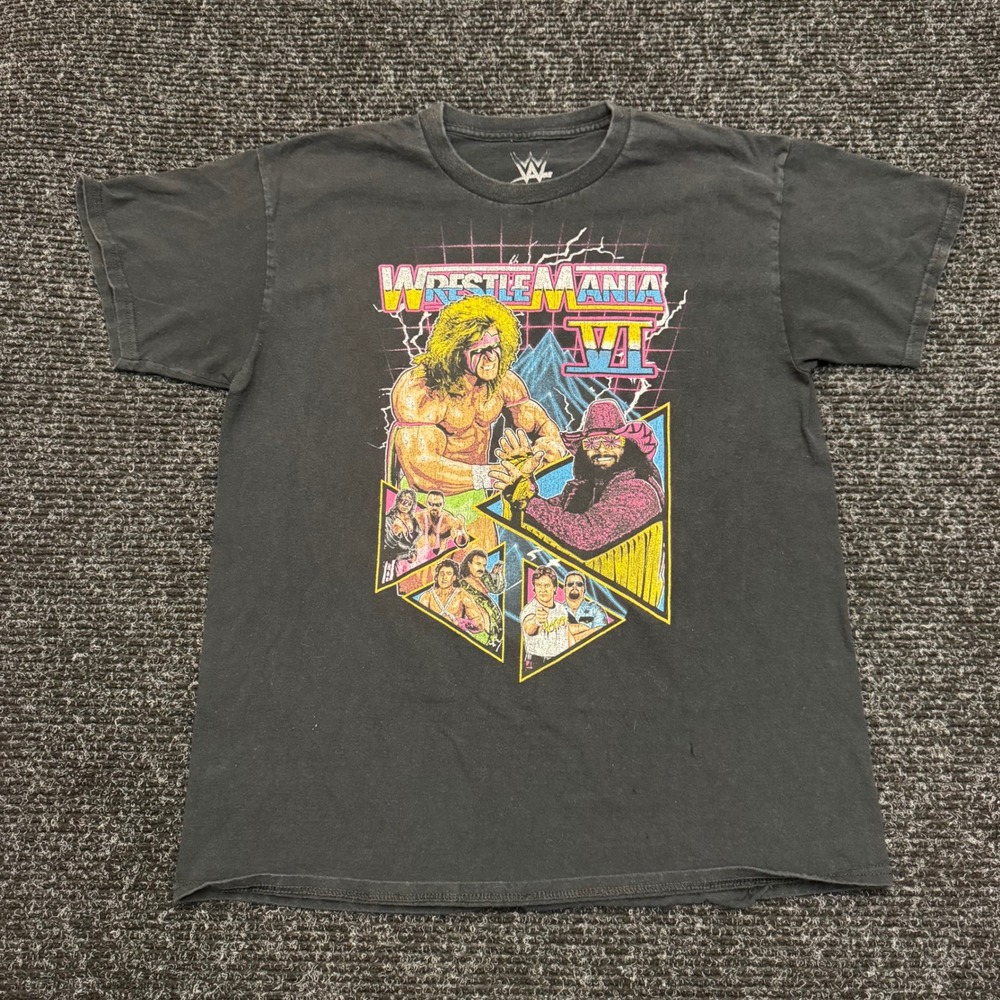 WWE Wrestlemania VI Graphic T-Shirt Mens Large Black Ultimate Warrior Macho Man